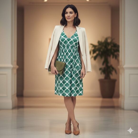 Boden Dresses & Skirts - Boden Green Geo Print V Neck Fit and Flare Dress Size 16R